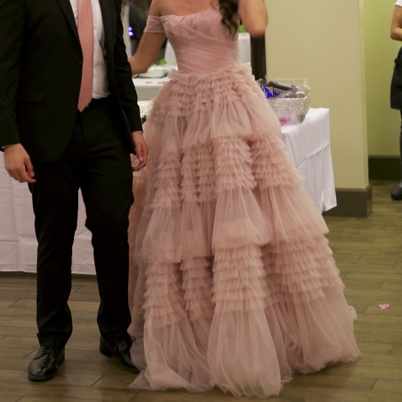 Misty Rose Off-The-Shoulder Frill-Layered Gown - Picture 4 of 8